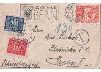 1949, dopis zaslaný z Bernu do Prahy, doplatní známky