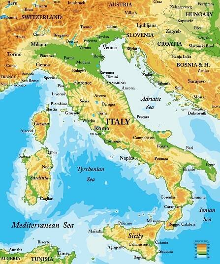  Magnetická mapa Itálie, geografická, barevná