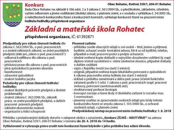 Rada Obce Rohatec vyhlašuje konkurz na ředitele/ku ZŠ a MŠ Rohatec - PR Deník