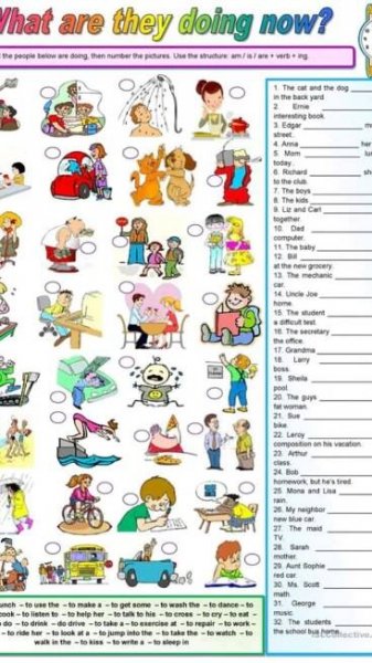 what are they doing now? worksheet for kids with pictures and words on it