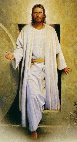 a painting of jesus holding his hands out