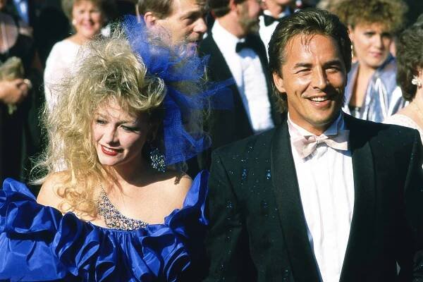 Patti D'Arbanville and Don Johnson arrive at The 37th Primetime Emmy Awards on September22, 1985 at Pasadena Civic Auditorium, Pasadena, California. 