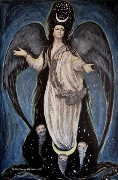 tall angel with outstretched arms and starry night hair on black and blue background