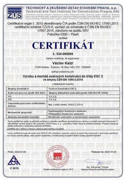 Certifikace | Václav Kaizr - kovovýroba