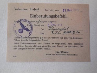 Povolávací rozkaz do Volkssturmu. - Vojenské sběratelské předměty