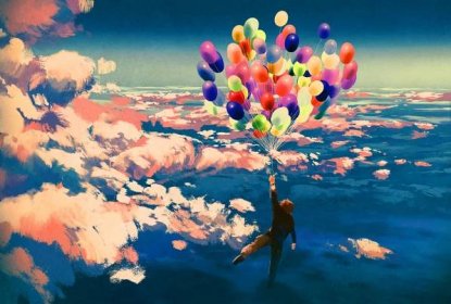Stáhnout - Muž s barevnými balónky v krásné zatažené obloze, ilustrace, malba — Stock obrázek