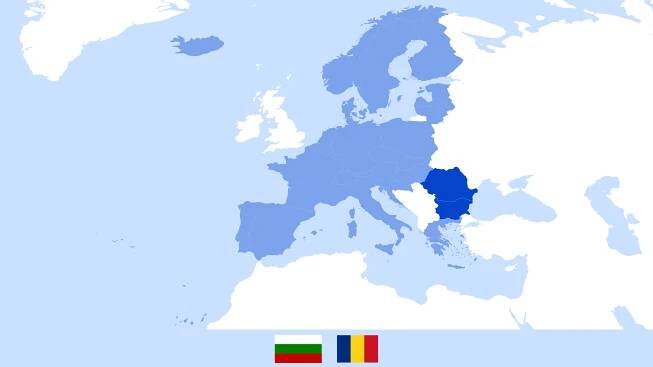 Belgium, France, Germany, Luxembourg, the Netherlands, Portugal, Spain, Italy, Austria, Greece, Denmark, Finland, Sweden, Norway, Iceland Czechia, Estonia, Hungary, Latvia, Lithuania, Malta, Poland, Slovakia, Slovenia, Switzerland, Liechtenstein, Croatia, Bulgaria and Romania highlighted in vibrant blue colour. 