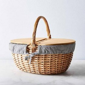 blue and white striped picnic basket