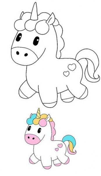Cute baby unicorn coloring page with sample