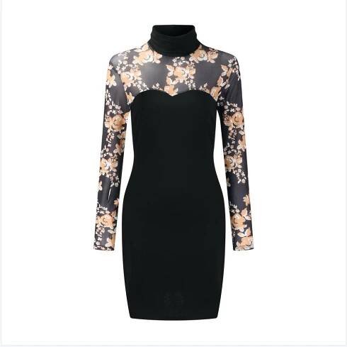 Sexy šaty na párty pro ženy Podzimní Jednobarevné černé Bez ramen Dlouhý rukáv Kontrastní Krajkové Třpytivé Bodycon Mini šaty