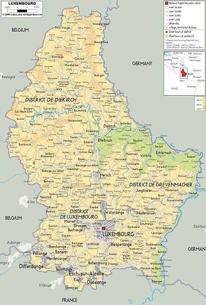 Luxembursko fyzická mapa - Mapa Luxembursko fyzické (v Západnej Európe - Európa)