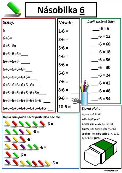 Pracovní listy: Násobilka pro druhou a třetí třídu (násobení jedničkou až sedmičkou) - Web plný nápadů a inspirace nejen pro dě… | School frame, School, Mathematics