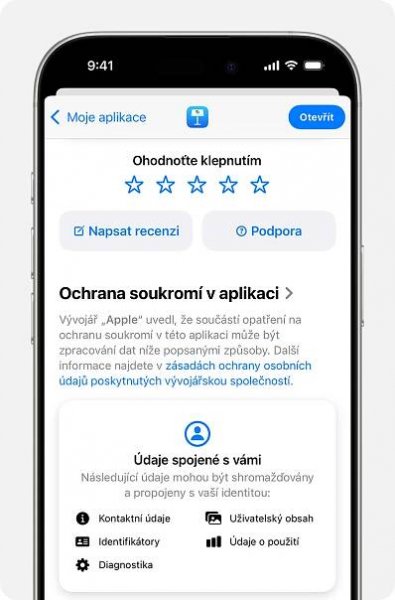 iPhone a na něm zobrazená stránka s popisem aplikace Keynote. V horní části se zobrazuje pět hvězdiček, kterými můžete aplikaci ohodnotit, tlačítko pro napsání recenze a tlačítko odkazující na podporu aplikace.