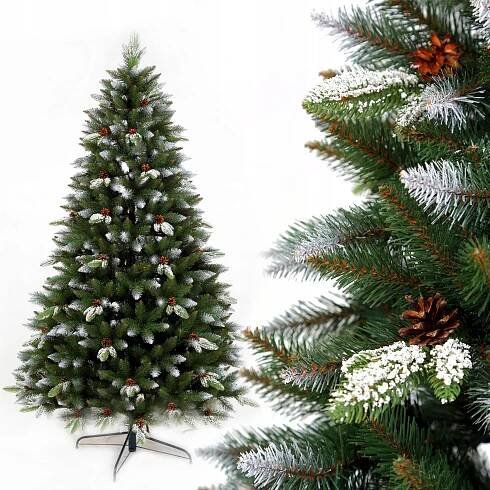 Smrk PŘÍRODNÍ zasněžený umělý vánoční stromeček se ŠÍŠKOU, PE 210 CM