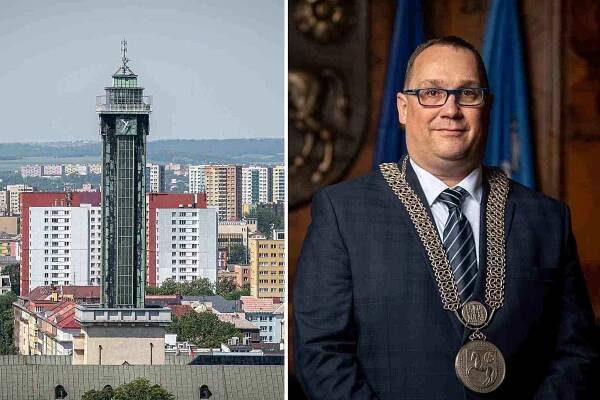 Nový primátor Ostravy Jan Dohnal a věž ostravské radnice.