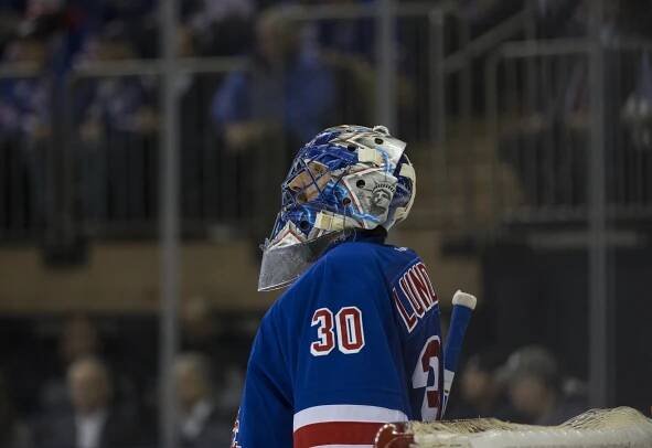 New York Rangers goalie Henrik Lundqvist reacting to a goal scored by Ottawa Senators defenseman Erik Karlsson during a playoff game at Madison Square Garden