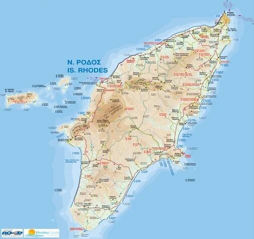 Rhodos mapa ostrova (letoviska, pláže, památky, výlety, hotely)
