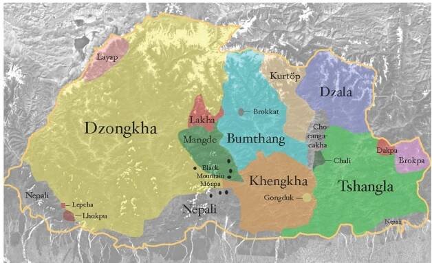 Figure 1. 1: Linguistic map of Bhutan. (van Driem 2019)  a  Section 2 describes the ergative and absolutive cases, indicating how their marking depends on the grammatical role and valency of the verb. This section also discusses the instrumental case. Section 3 offers a description of the genitive case. Sections 4, 5, and 6 focus on the locative, the allative and the dative, respectively. Section 7 is dedicated to the ablative. Section 8 ends with a short conclusion. 