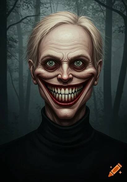 A creepy, pale man with blonde hair and bulging green eyes stares directly at the viewer with an impossibly wide, manic grin full of oversized teeth, set against a dark, misty forest background. He wears a black turtleneck.