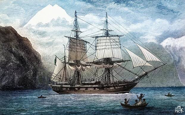 Colourised HMS Beagle in the Straits of Magellan at Monte Sarmiento. 