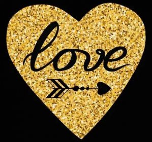 Ručně kreslené zlaté jiskřivé srdce, text láska na černém pozadí. Moderní romantická typografie ve zlatých a černých barvách. Design kaligrafie nápis pro svatbu nebo svatého Valentýna Roztomilý štítek — Ilustrace
