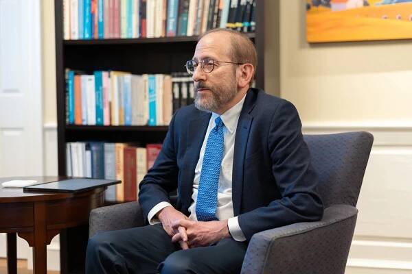 Harvard President Alan M. Garber '76 sits for an October 2024 interview in his office in Massachusetts Hall. Garber will take a 25 percent pay cut in fiscal year 2026.
