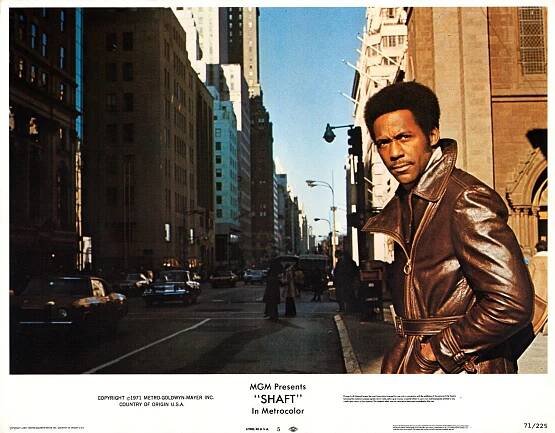 Lobby card from the movie 'Shaft' (MGM), directed by Gordon Parks Sr and starring Richard Roundtree, Moses Gunn, Christopher St John, Antonio Fargas, and Gwenn Mitchell, New York, New York, 1971. From a novel by Ernest Tidyman. (Photo by John Kisch Archive/Getty Images)