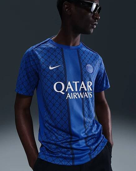 Pánské předzápasové fotbalové tričko Nike Dri-FIT Paris Saint-Germain Academy Pro s krátkým rukávem, domácí - Hyper Royal/Midnight Navy/Bílá