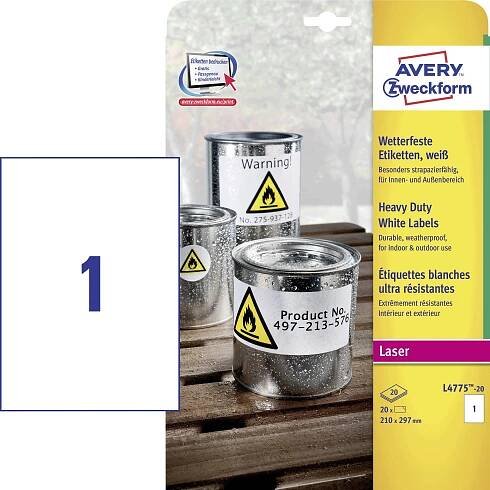 Avery-Zweckform L4775-20 Fóliové etikety 210 x 297 mm poylesterová fólie bílá 20 ks trvalé barevná laserová tiskárna, laserová tiskárna, barevná kopírka