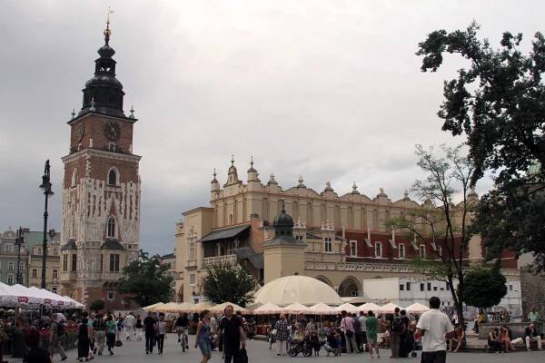 The Main Square in Kraków with the Town Hall Tower and Cloth Hall in view.