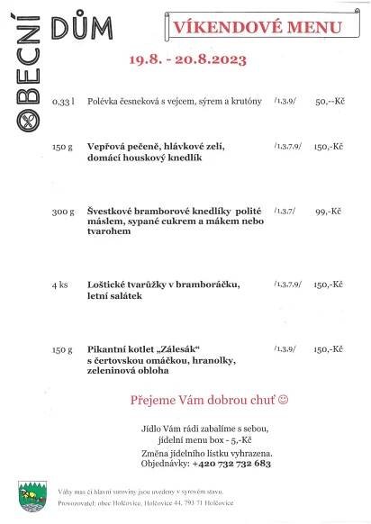 Restaurace Obecní dům: Restaurace Obecní dům- MENU: Holčovice