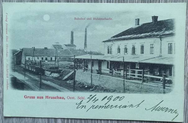 Hrušov - Ostrava - Hruschau - nádraží - vlak - uhlí - Hubertova šachta - Pohlednice místopis