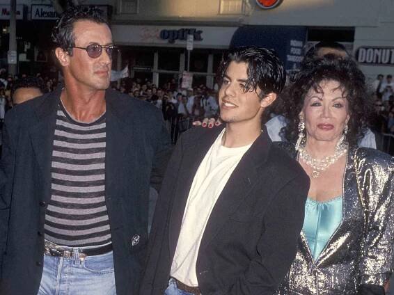 Sylvester Stallone, son Sage Stallone and mother Jackie Stallone attend the "True Lies" Westwood Premiere on July 12, 1994. 