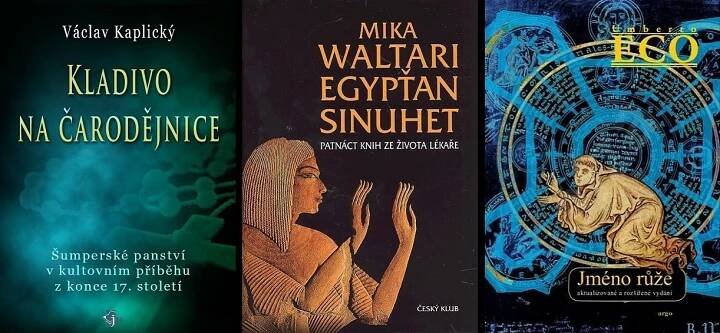 Literární žánry historický román; koláž: Egypťan Sinuhet, Kladivo na čarodějnice, Jméno růže