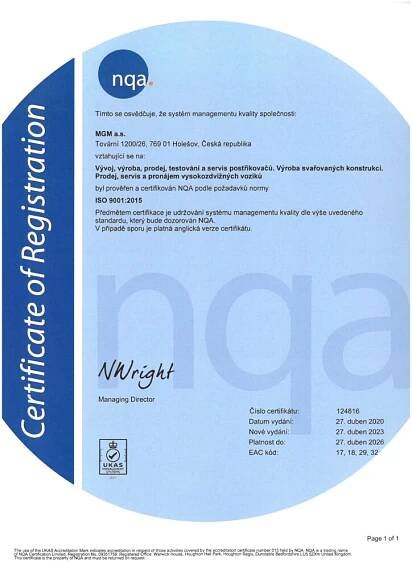 Certifikát ISO - MGM a.s.