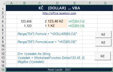 Excel funkce KČ (DOLLAR) ve VBA