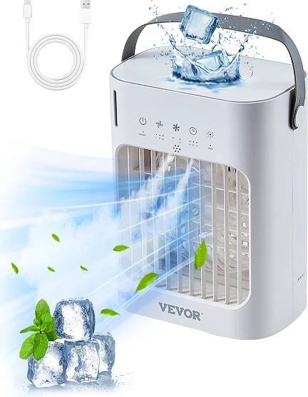 VEVOR Přenosná klimatizace, ochlazovač vzduchu 4 v 1, 700 ml nádrž na vodu, 7 barevných světel, osobní stolní mini ventilátor do ložnice, kanceláře