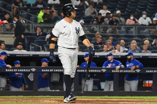 Brett Gardner of the New York Yankees strikes out.