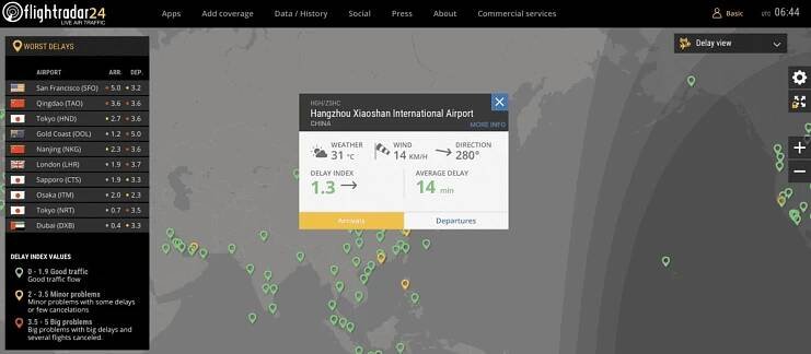 Flightradar, snímek obrazovky online mapy 
