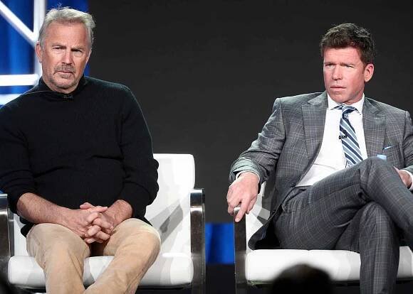 Kevin Costner and Taylor Sheridan of 'Yellowstone' speak onstage during the Paramount Network portion of the 2018 Winter Television Critics Association Press Tour on January 15, 2018 in Pasadena, California. 