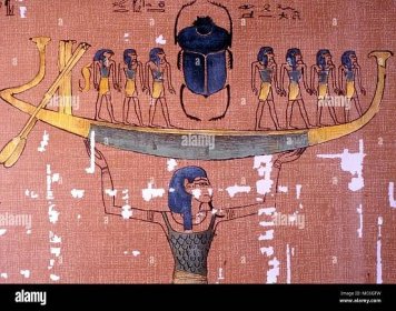 EGYPTIAN MYTHOLOGY- Solar Boat. The god Nu raising the solar boat, with the sacred beetle and the seven gods (with Nu, the Ennead?). From the Papyrys of Anhai, in the Budge lithographs of The Book of the Dead Stock Photo