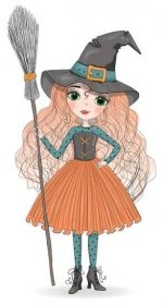 Roztomilá kreslená čarodějka v oranžové sukni a klobouku s koštětem v ruce. Ručně kreslené krásné malé halloweenské čarodějnice. — Stock obrázek