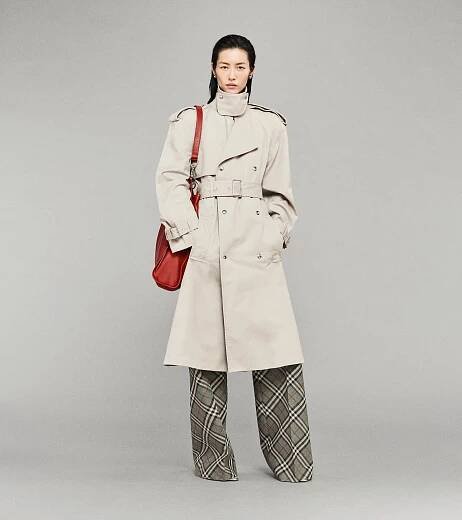 Model wearing Trench Coat with Striped Shirt and Burberry Check Wool Trousers