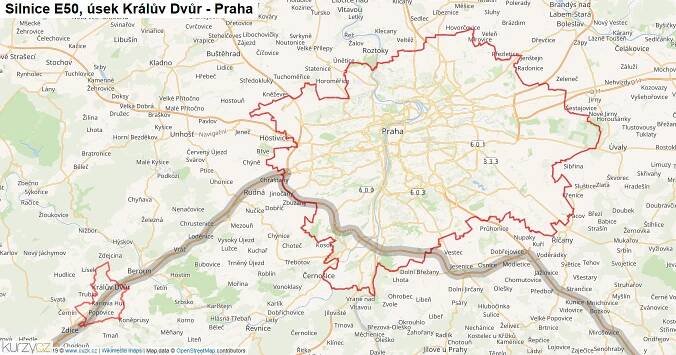 Úsek Králův Dvůr - Praha, Silnice E50 - Mapa