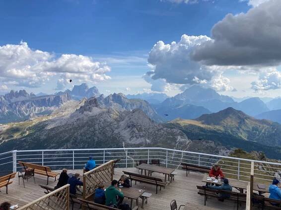 Deck at Alta Via 1 Rifugios Lagazuoi with mountains in distance