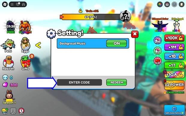 A screenshot of Brainrot Fighting in Roblox showing the game's codes field.