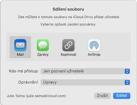 Okno Sdílení souboru obsahující aplikace, v nichž lze vytvářet pozvánky, a volby pro sdílení dokumentů