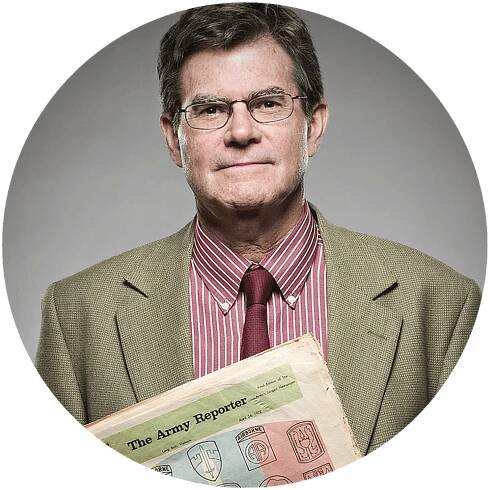 Circular portrait of a man holding an Army Reporter newspaper.