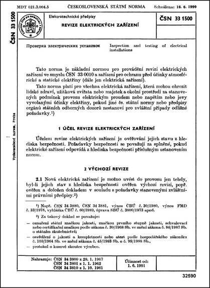 ČSN 33 1500 - Revize elektrických zařízení