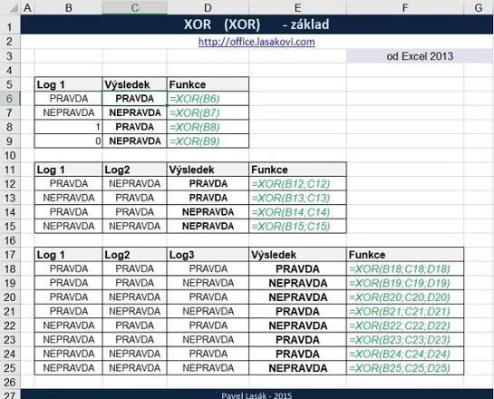 Excel funkce XOR - ukázka
